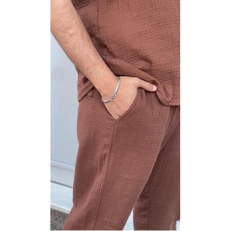 Hafif Ve Nefes Alabilir Erkek Müslin %100 Pamuk Rahat Kesim Müslin Spor Şalvar Kahverengi
