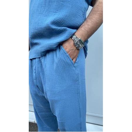 Hafif Ve Nefes Alabilir Erkek Müslin %100 Pamuk Rahat Kesim Müslin Spor Şalvar Mavi